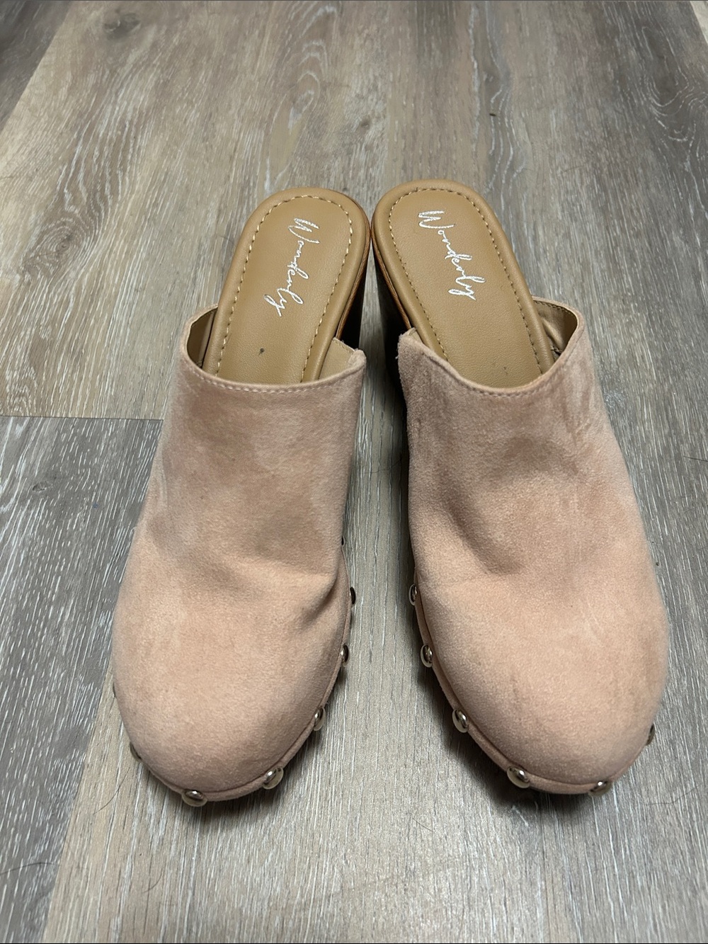 Wonderly Pink Suede Pearl-Trim Clog Mules